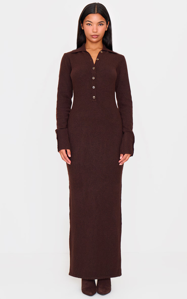 Chocolate Soft Bobble Knit Button Up Collar Detail Maxi Dress | PrettyLittleThing US