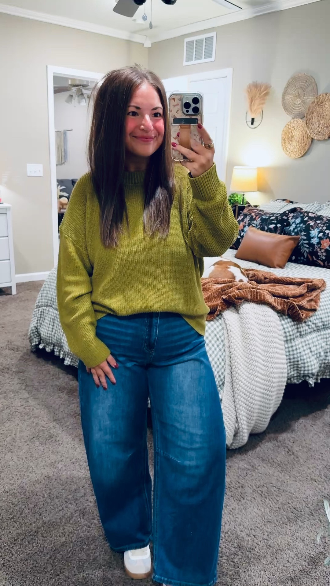 Loving this trending green for fall! This cozy sweater adds a fun pop of color to wide-leg jeans & sneakers. Such a cute, casual look for cooler days!

sneakers: fit true to size // wearing a 4
jeans: fit a tad oversized (super stretchy) // wearing a 12
sweater: fits true to size // wearing a large 

 #LTKootd #LTKMidsize #LTKWorkwear