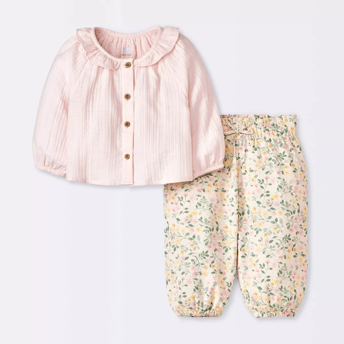 Baby Girls' Floral Lettuce Collar Gauze Top & Bottom Set - Cloud Island™ Pink | Target
