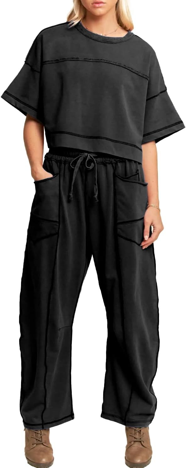 Womens 2 Pieces Sweatsuit Set Cropped Boxy T Shirt Drawstring Wide Leg Pant Travel Tracksuit Casu... | Amazon (US)