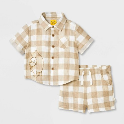 Baby Boys' 2pc Disney Winnie the Pooh Collection Plaid Gauze Short Sleeve Button-Down Shirt & Shorts Set - Brown 18M | Target