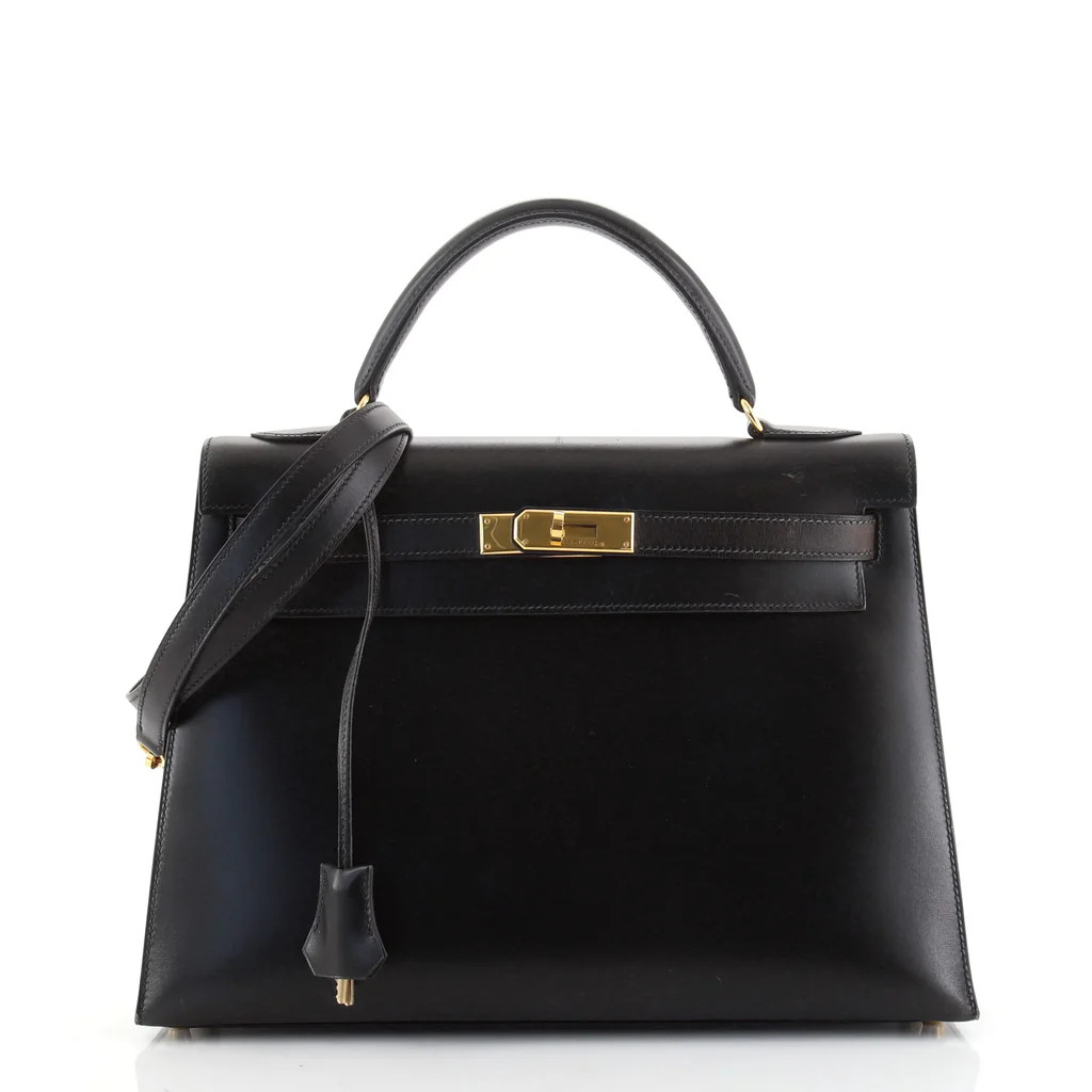 Kelly Handbag Noir Box Calf with Gold Hardware 32 | Rebag