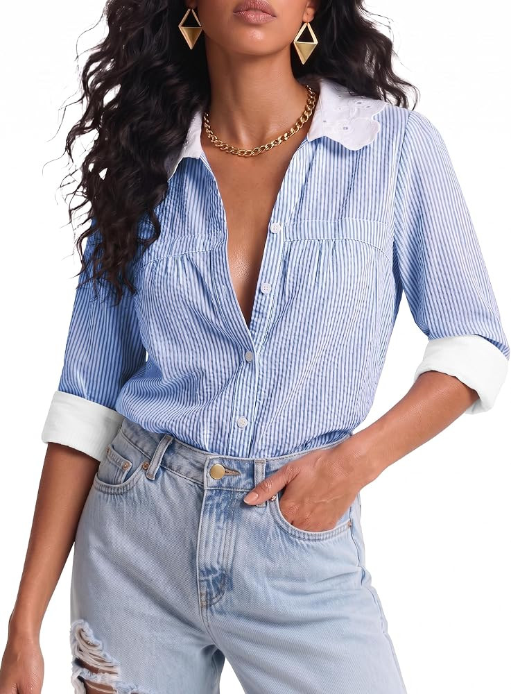 ECOWISH Striped Button Down Shirt for Women Collared Tops Long Leeve Blouse | Amazon (US)