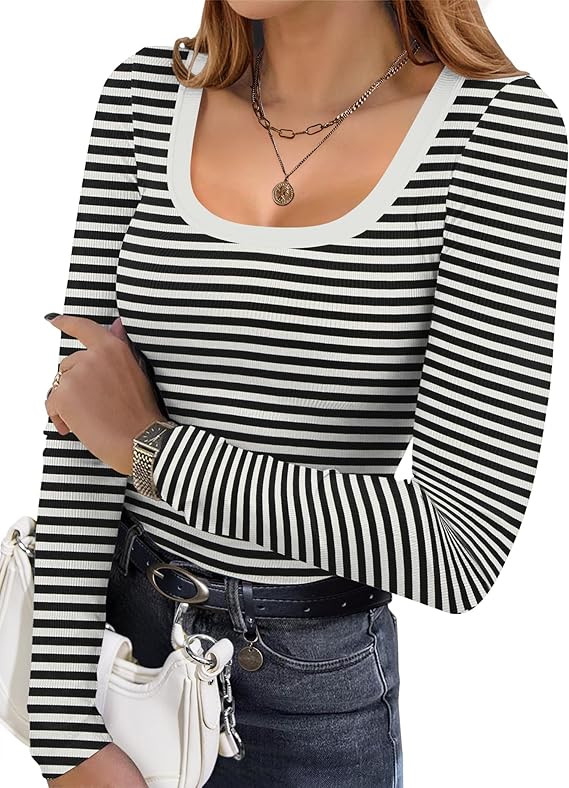 Ekouaer Womens Long Sleeve Shirts Square Neck Slim Fit Basic Tops Ribbed Thermal Undershirts Laye... | Amazon (US)