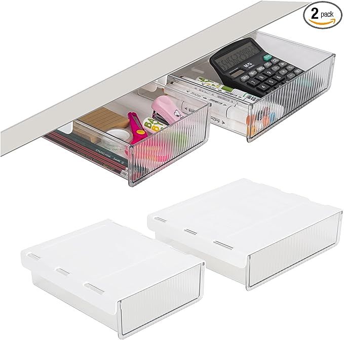 2 Pack Under Desk Storage Drawer Slide Out, Self Adhesive Under Desk Drawer Organizer Hidden Unde... | Amazon (US)