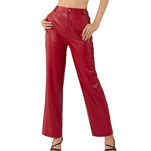 HEZIOWYUN Faux Leather Pants for Women Solid Color High Waist Straight Leg Trousers Vintage 90s Streetwear Pant with Pockets (Red, Medium) | Amazon (US)