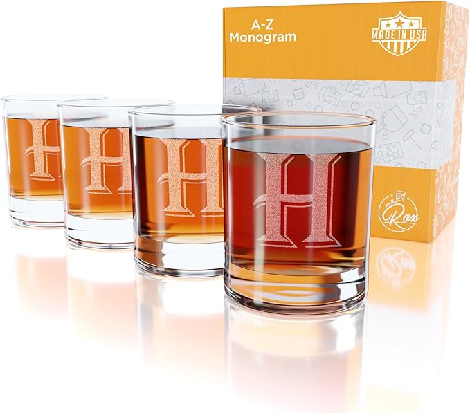 On The Rox Drinks [H-Monogram] - 4 Piece Set of 11 Ounce Engraved Heavy Base Rocks Whiskey Bourbo... | Amazon (US)