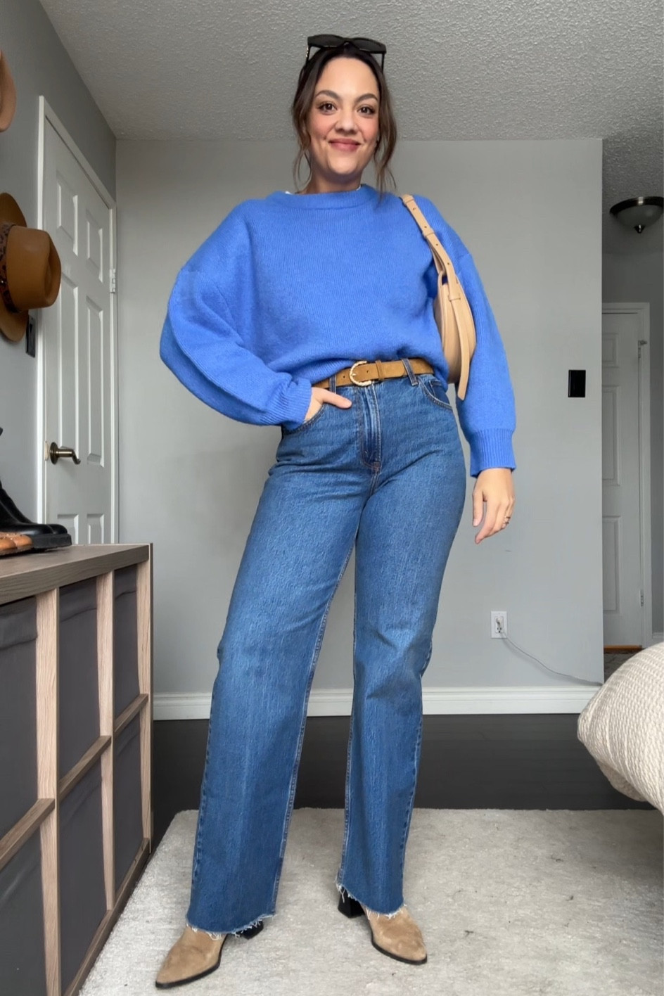 Winter outfit inspiration! Details below:
-Oak + Fort blue crewneck knit sweater, I have a medium. 
-Abercrombie 90s relaxed long jeans in a medium blue wash. I have a size 29 long. 
-Sézane tan suede belt. 
-Tan suede ankle boots, similar linked. 
-Polène Paris numero dix bag. 
-Celine Triomphe sunglasses. 


#LTKMostLoved #LTKstyletip #LTKSeasonal