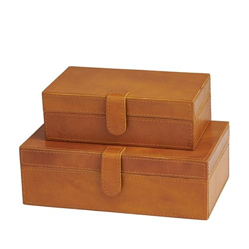 Deco 79 Leather Handmade Decorative Box Storage Decorative Keepsake Boxes with Snap Front Closure and Detailed Stitching, Set of 2 Storage Boxes 10", 8"W, Brown | Amazon (US)
