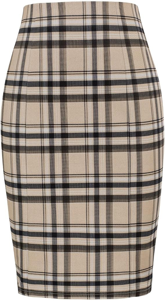 Kate Kasin Womens Knee Length Elastic Waist Stretchy Bodycon Plaid Business Pencil Skirt | Amazon (US)