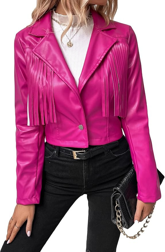 WDIRARA Women's Pu Leather Fringe Jacket Open Front Cropped Motocycle Jacket | Amazon (US)