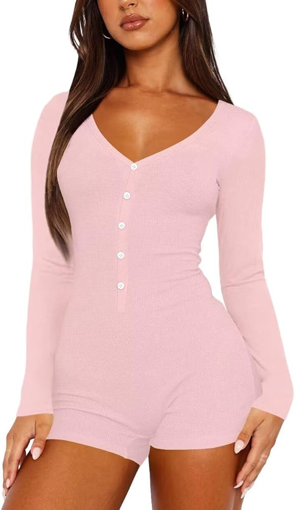 V Neck Rompers, Long Sleeve, One Piece, Bodycon Pajama Set, Gym Bodysuit, Jumpsuit, Ribbed, Butto... | Amazon (US)