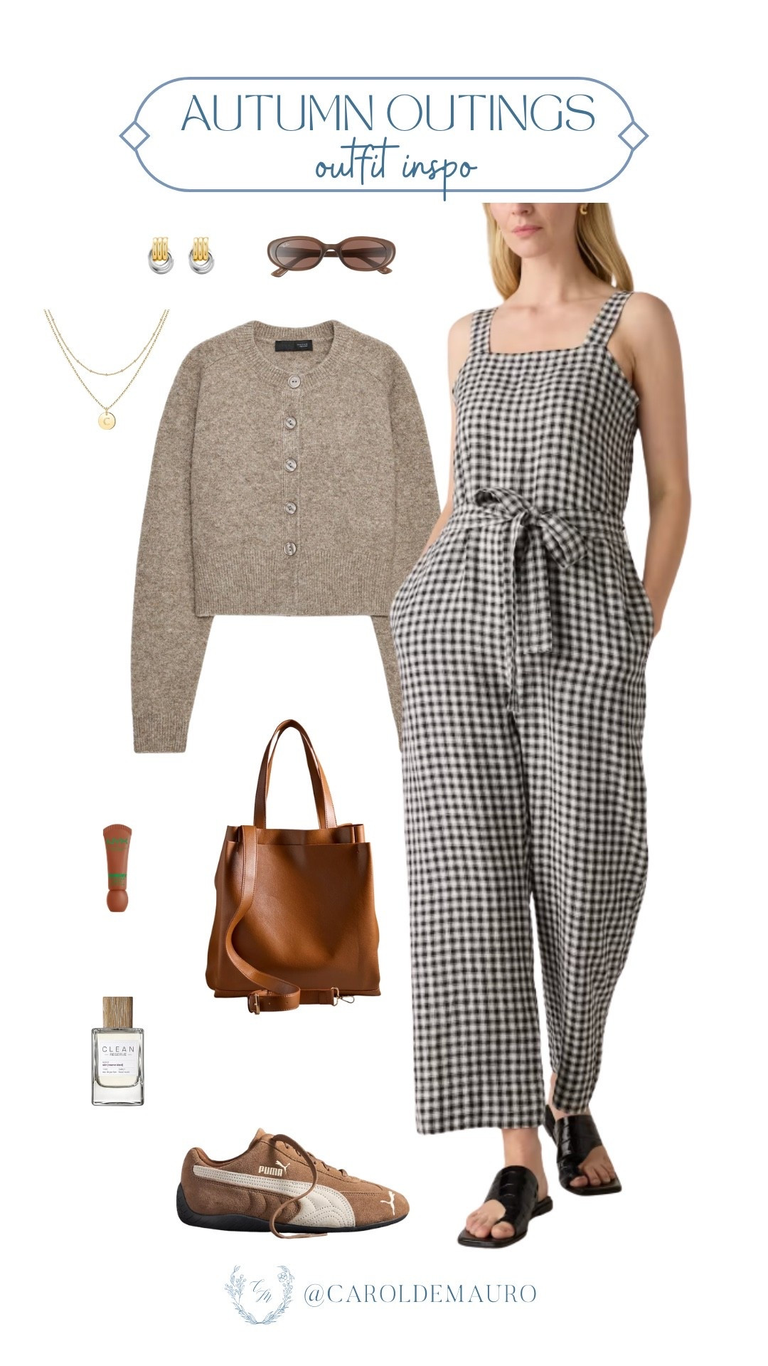 Loving this whole vibe for autumn outings! Obsessed with the gingham jumpsuit paired with the cozy cardigan. And those Puma brown Speedcat sneakers? Such a comfy and stylish touch for exploring!

city girl outfit, vacation inspo, new york look, coffee date style, minimalist chic, casual elevated basics, picnic attire, leather handbag

#LTKStyleTip #LTKSeasonal #LTKU