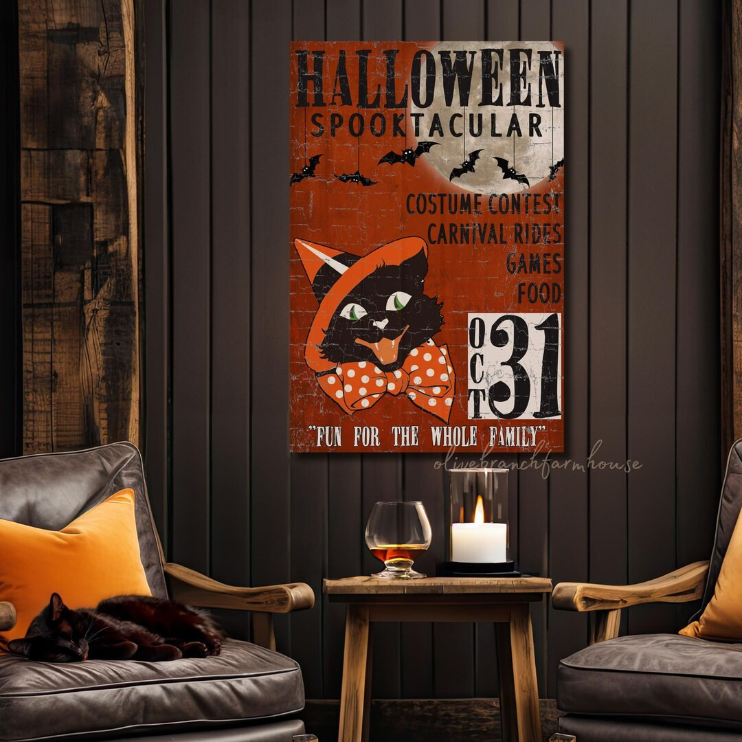 Vintage Halloween Poster, Large Canvas Wall Art, Halloween Spooktacular, Retro Black Cat Art, Old... | Etsy (US)