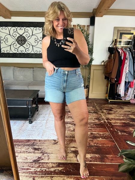 Curvy girl approved denim shorts (16), double layers tank top (xl), summer casual outfit, shorts 

#LTKMidsize #LTKFindsUnder50 #LTKOver40