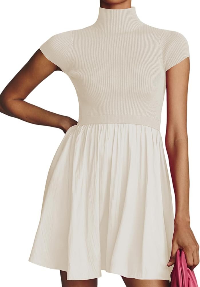 OLAPTA Women Mock Neck Patchwork Pleated Sweater Dress Short Sleeve Swing Knitted Solid Slim Fit ... | Amazon (US)