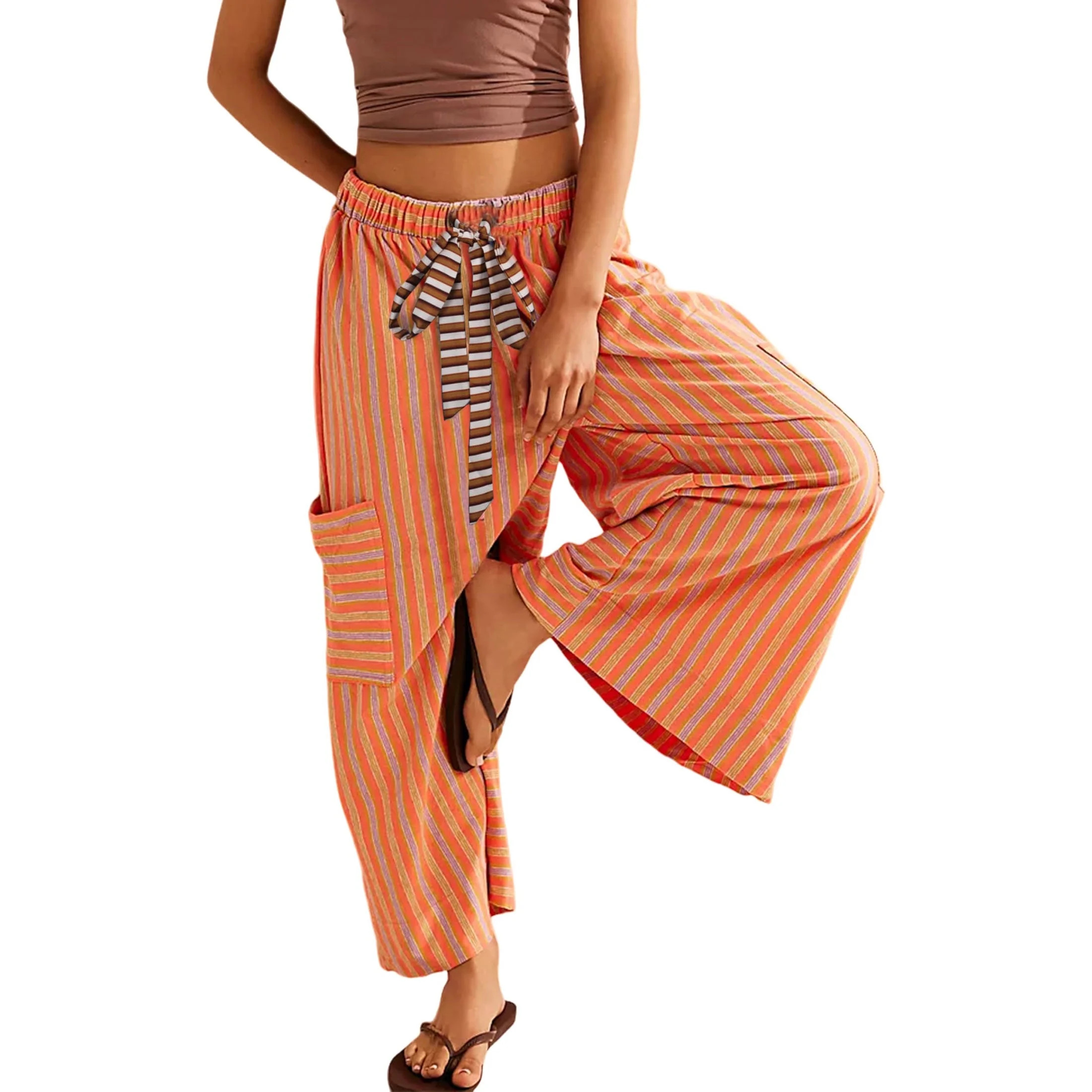 PUWEI Women's Striped Wide Leg Pants Loose Fit Drawstring Waist Casual Palazzo with Pockets | Walmart (US)