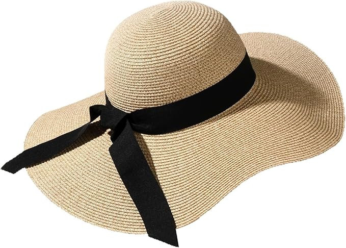 Straw Hat for Women Wide Brim UV Protection Straw Bucket Hat with Black Ribbon Bow Breathable Swe... | Amazon (US)