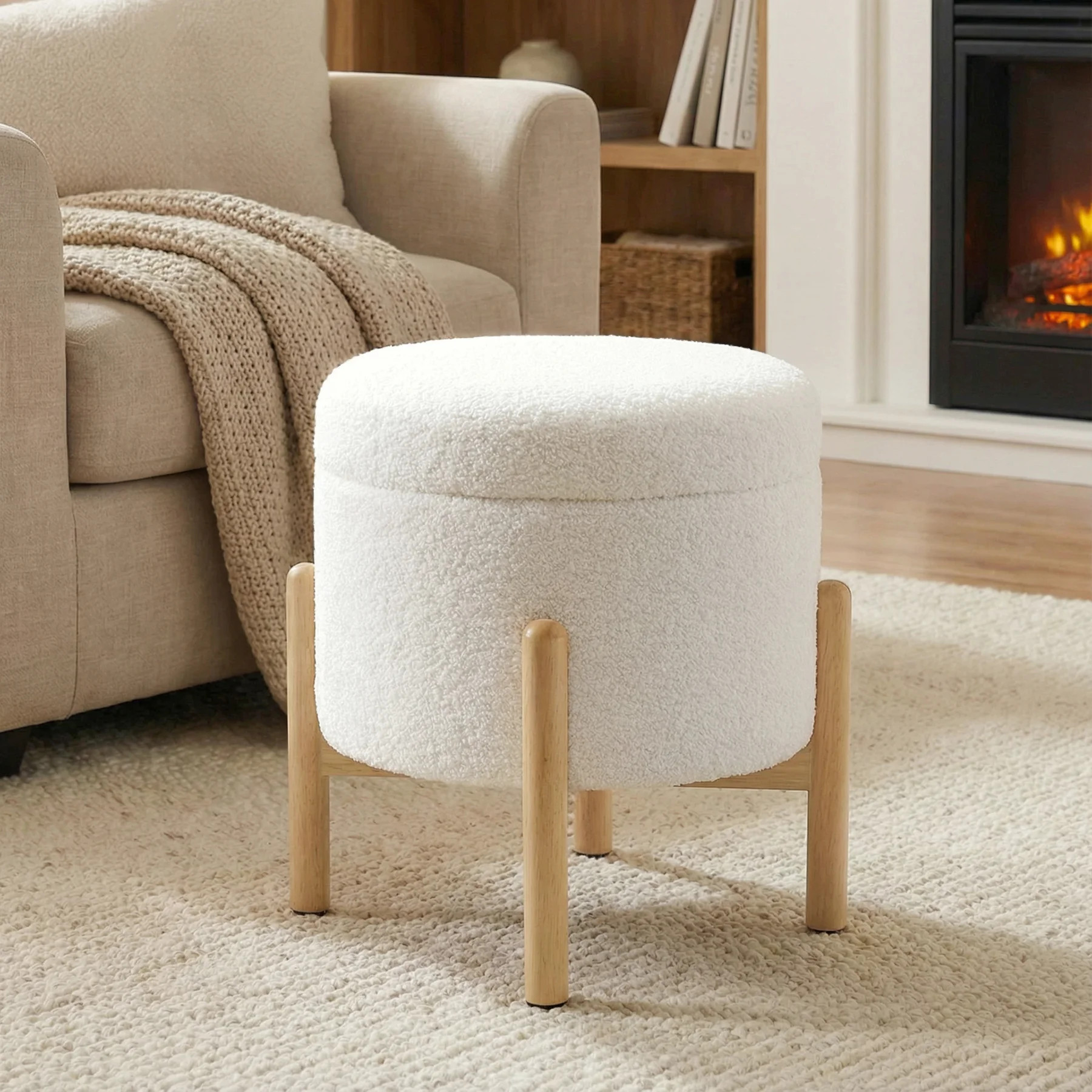 Mainstays Modern Dowel Ottoman, Cream Boucle | Walmart (US)