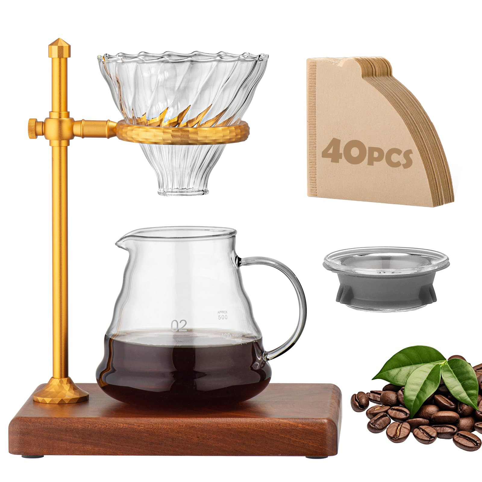 Pour Over Coffee Maker Set – Glass V60 Coffee Dripper with Stainless Steel Stand, Wooden Base &... | Amazon (US)