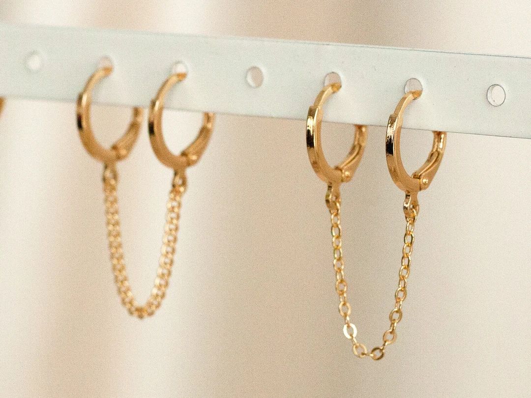 18K Gold Filled Chain Earrings, Double Piercing Earrings, Connected Earrings, Double Hoops, Pair ... | Etsy (US)