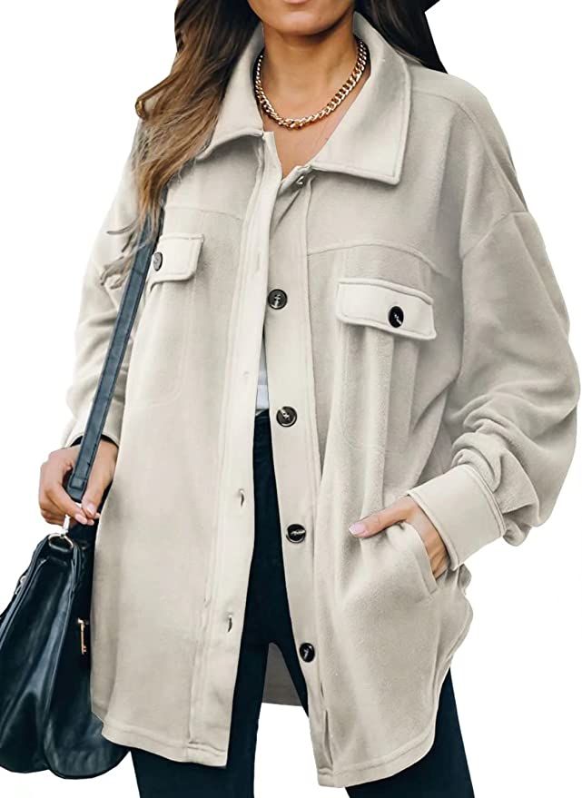 FARYSAYS Womens Button Down Shirts Shacket Jackets Mid Length Trench Pea Coat | Amazon (US)