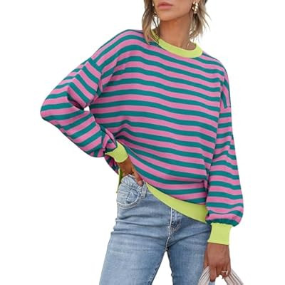 ANRABESS Women Oversized Striped Sweaters Long Sleeve Crewneck Casual Side Slit P… | Amazon (US)