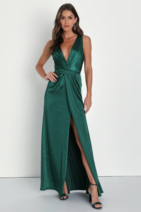 Perfect Refinement Emerald Satin Sleeveless Pleated Maxi Dress | Lulus