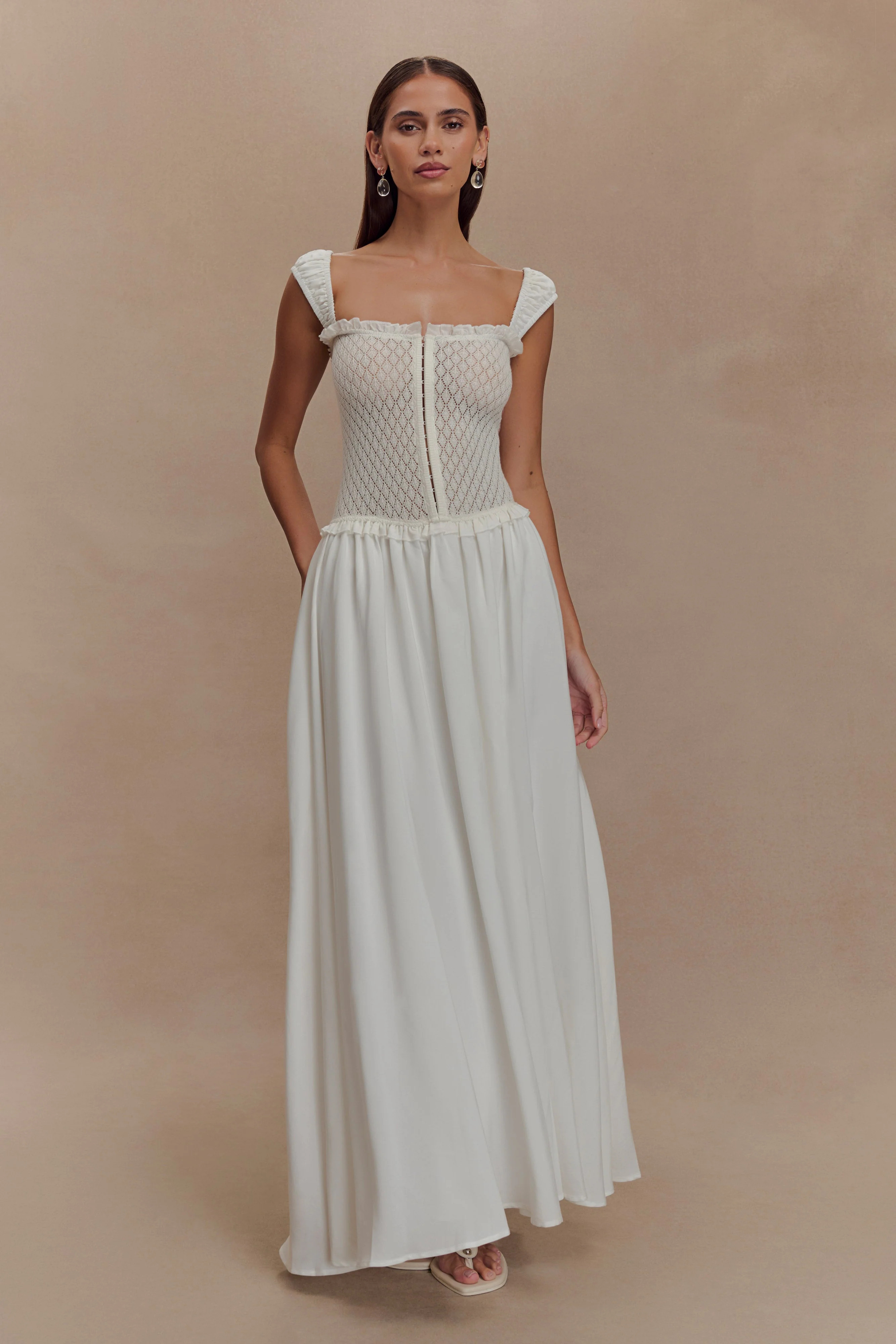 Tahlia Pointelle Knit Midi Dress - White | MESHKI US