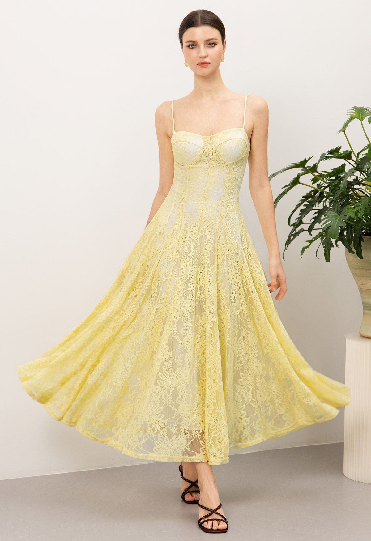 Ladylike Lace Overlay Spaghetti Strap Maxi Dress in Yellow for Romantic Date & Floral Market | Chicwish