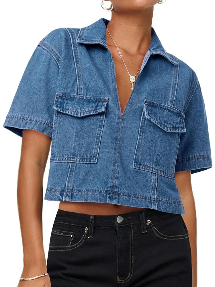 Womens V Neck Denim Crop Tops Summer Y2k Going Out Jean Shirts, Casual Long Sleeves Deep V-Neck D... | Amazon (US)