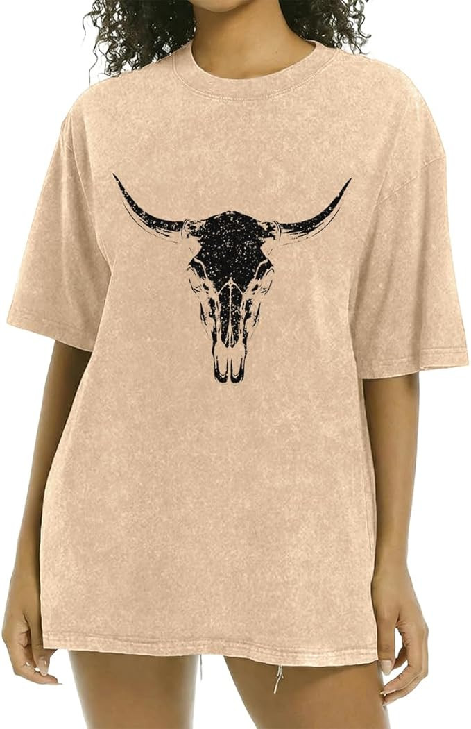 Oversized Western Shirts for Women Vintage Country Music Tee Cow Skull Graphic Tee Rodeo Cowgirl ... | Amazon (US)
