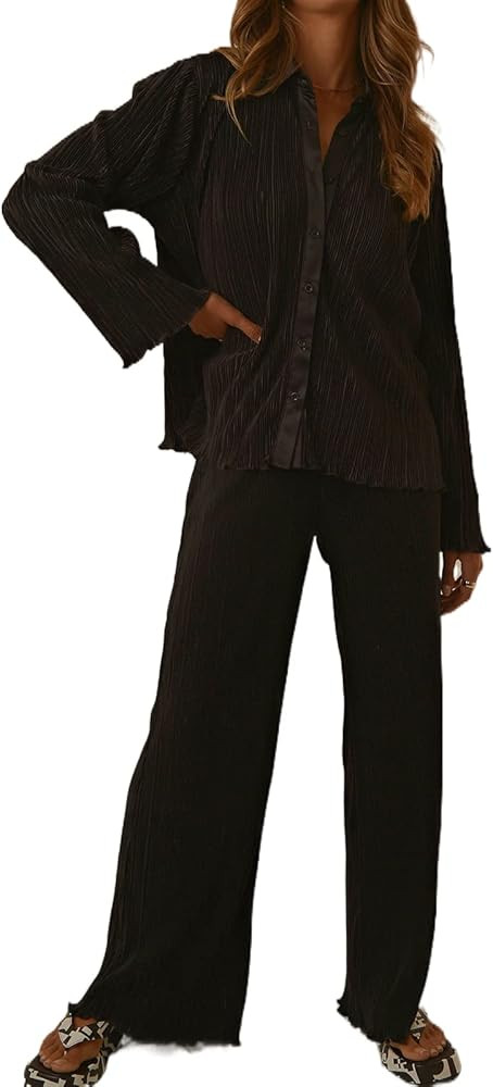 Y2K Women Two Pieces Muse Outfits Long Sleeve Button Down Shirt Wide Leg Casual Pants 90s Solid Blos | Amazon (US)