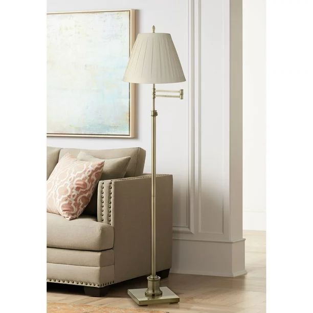 360 Lighting Swing Arm Floor Lamp 70" Tall Antique Brass Box Pleated Cream Linen Drum Shade for L... | Walmart (US)