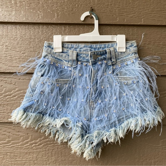 Tassel Inlaid Denim Shorts A-line Shorts Rhinestone Ostrich Feather Frayed | Poshmark