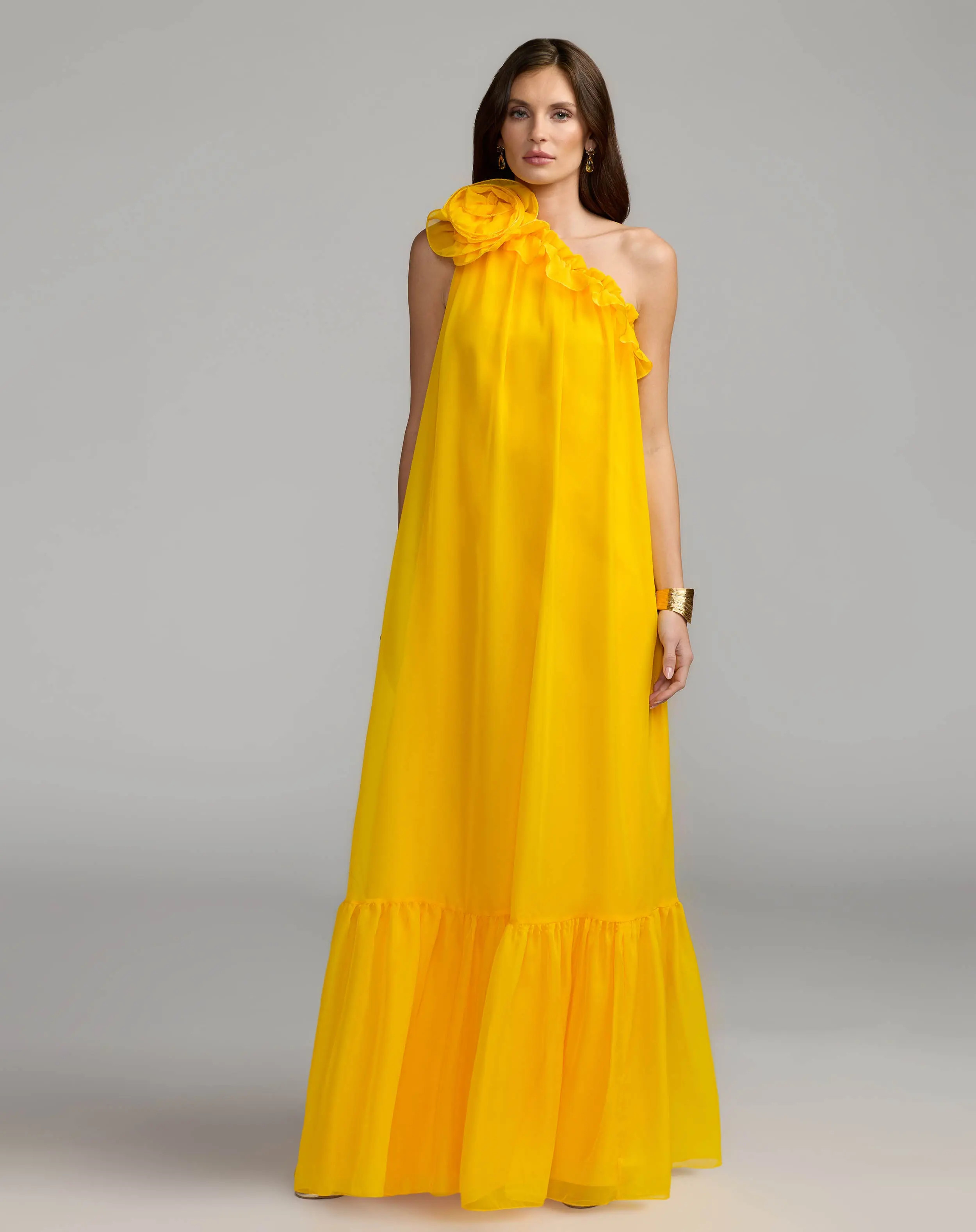 Yellow One Shoulder Chiffon Gown With 3D Rosette | Mac Duggal | Mac Duggal
