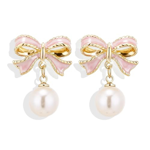 Pink Bow Earrings for Women Trendy Stuff Cute Bow Pearl Drop Dangle Earrings Bowknot Stud Wedding Party Daily Jewelry Accessory Gifts Christmas Stocking Stuffers | Amazon (US)