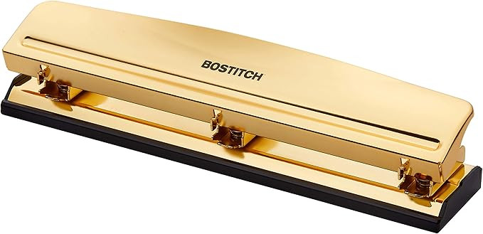 Bostitch Office 3 Hole Punch, 12 Sheet Capacity, Durable Metal, Gold Chrome, Rubber Base | Amazon (US)
