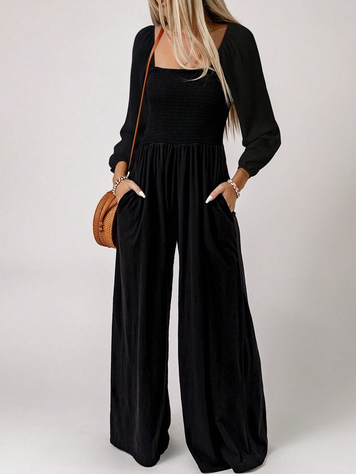 Acelitt Solid Slant Pocket Wide Leg Jumpsuit | SHEIN