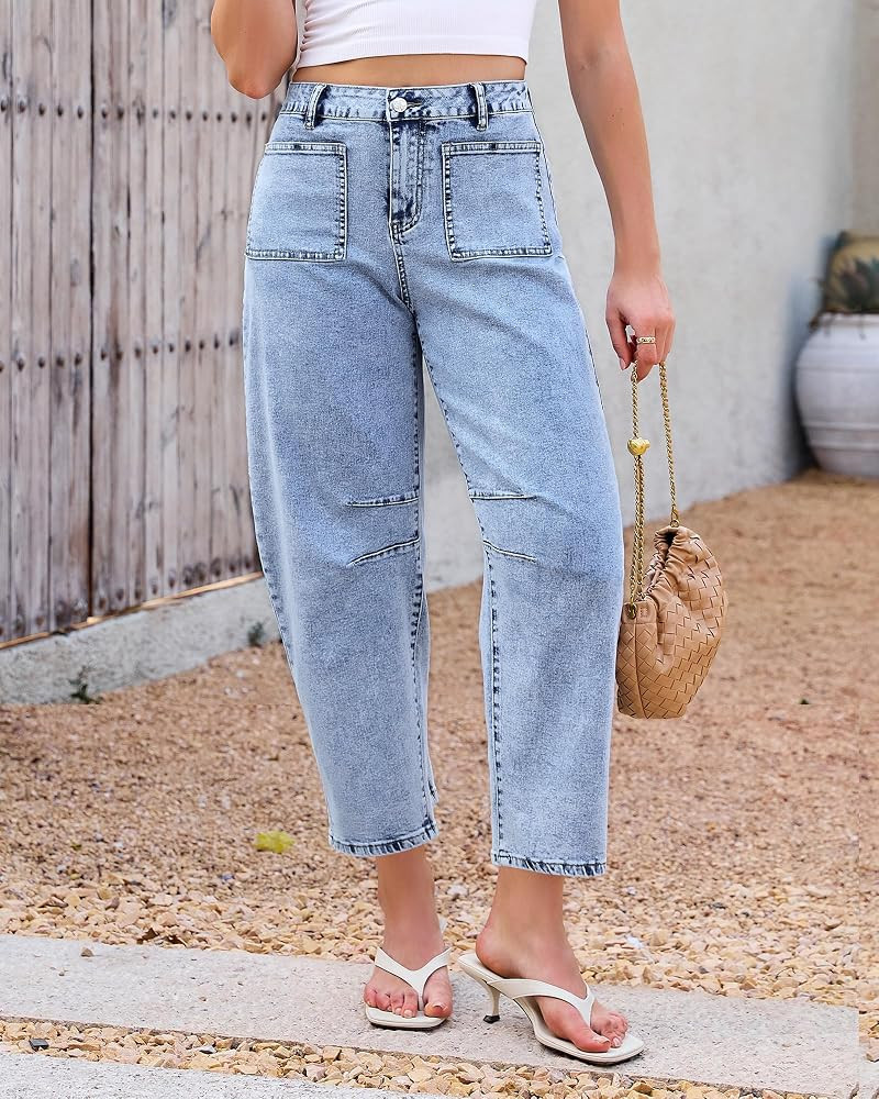 GRAPENT Barrel Jeans for Women Trendy Cropped High Waisted Patch Pocket Baggy Stretch Denim Pants... | Amazon (US)