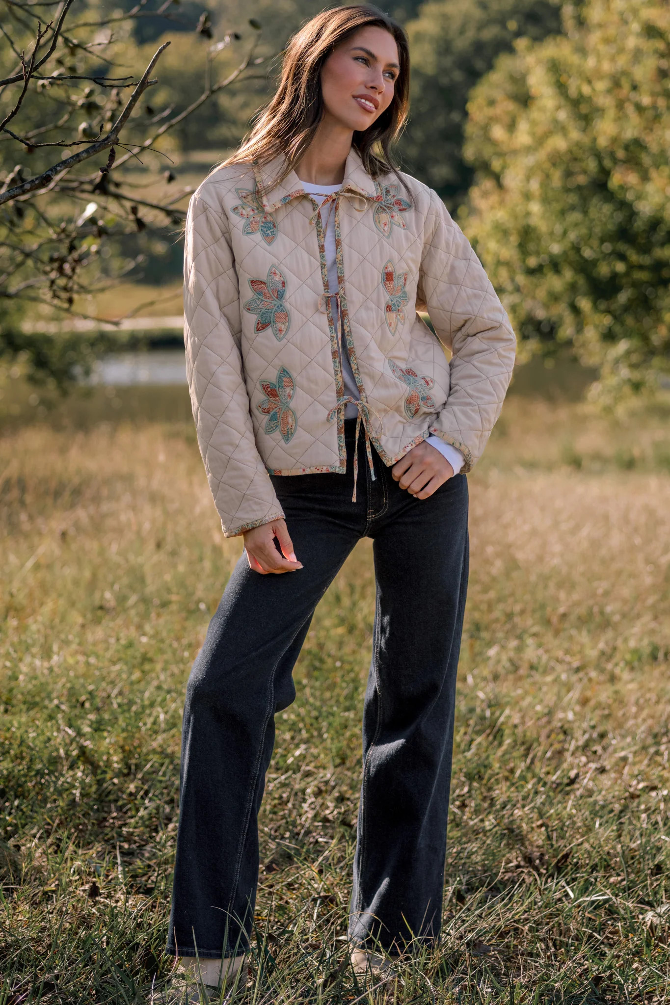 In the Morning Light Ecru Floral Appliqu\u00e9 Quilted Jacket | Red Dress