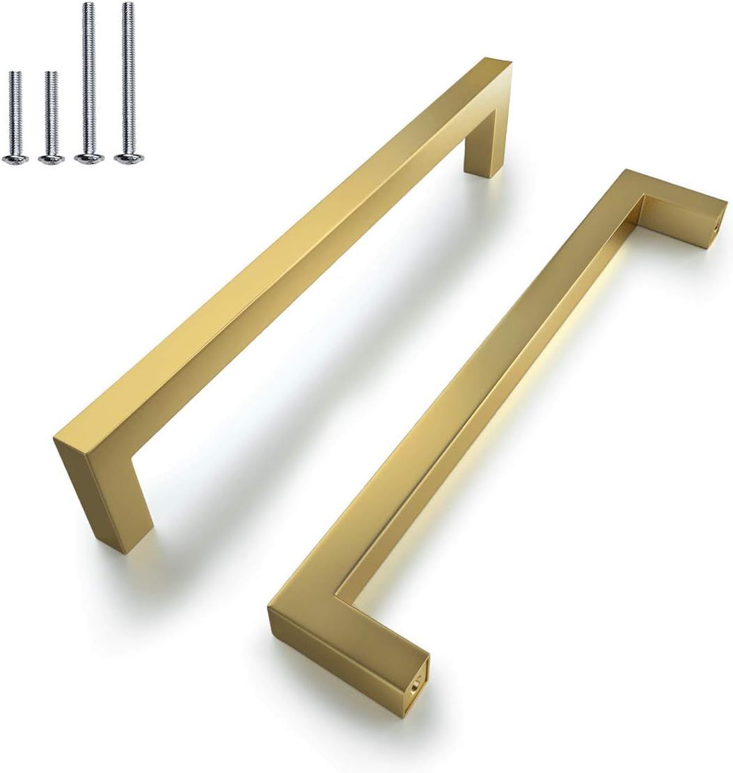 (10 PCS) Brushed Brass Cabinet Handles Square T Bar,Gold Drawer Pulls and Handles,Hole Centers: 7... | Amazon (US)