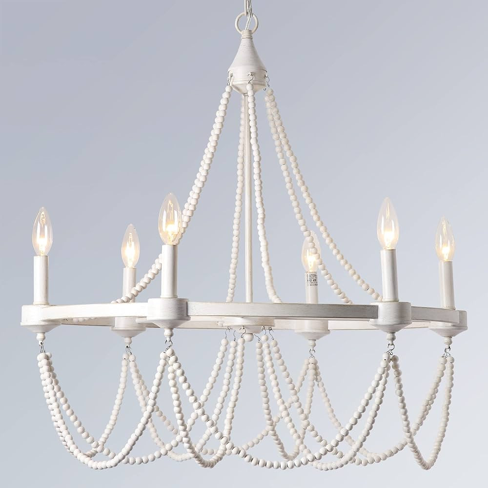 28" Antique White Wood Bead Tassel Rustic Wagon Wheel Farmhouse Chandelier, 6-Light Retro Wood Co... | Amazon (US)