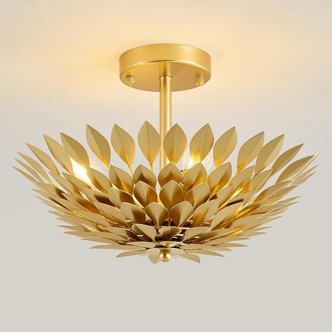 Gold Leaf Ceiling Light Fixture: Farmhouse Metal Art Deco Semi Flush Mount Chandelier - Mid Centu... | Amazon (US)