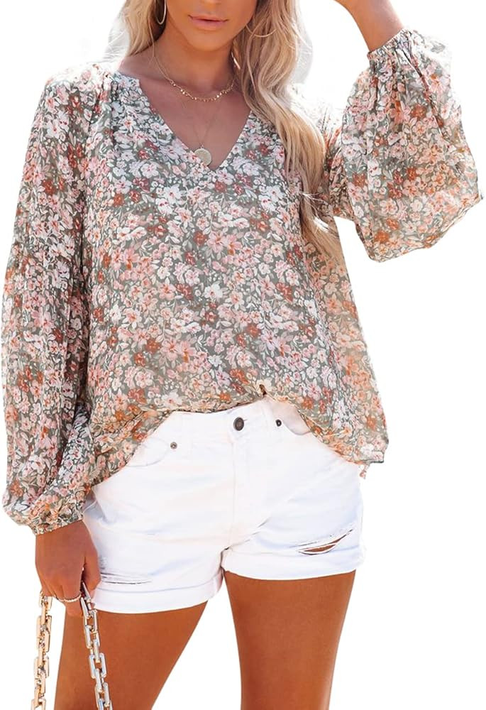 Womens V Neck Chiffon Blouses Casual Balloon Sleeve Floral Print Shirts Tops | Amazon (US)