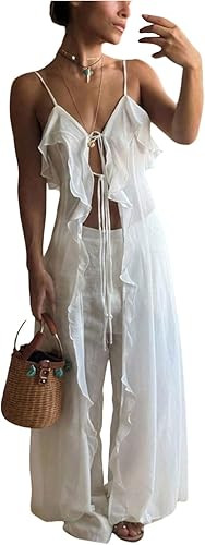 MakeMeChic Women's Y2k Sheer Chiffon Ruffle Tops Long Camisole Sleeveless Tie Front Flowy Tops | Amazon (US)