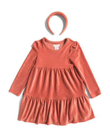 Girls Long Sleeve Velour Tiered Dress With Headband | TJ Maxx