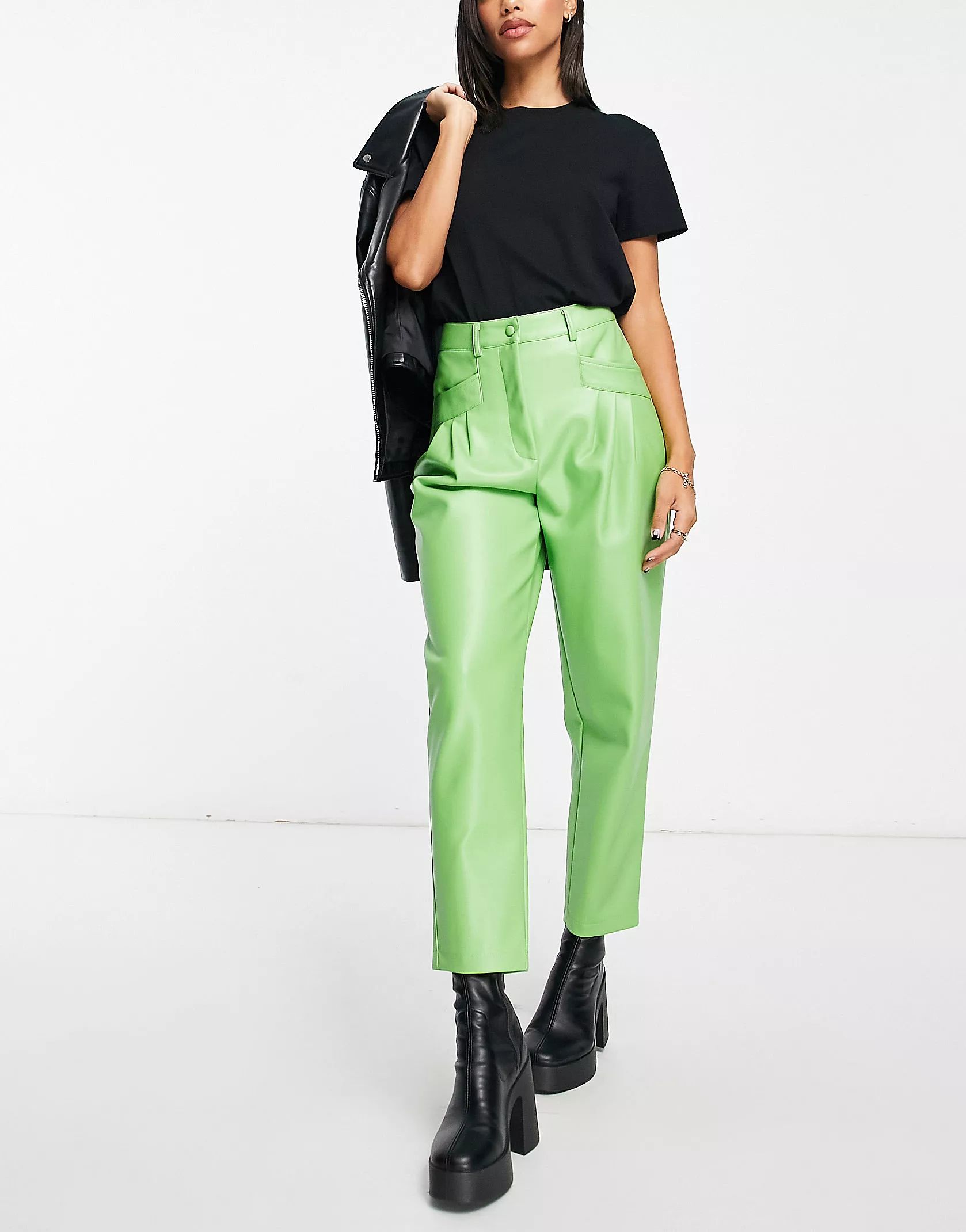 Miss Selfridge faux leather pleated high waist peg pants in green | ASOS (Global)
