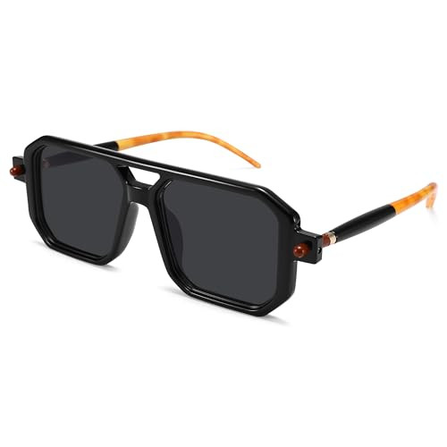 LIU·WEN Vintage 70s Aviator Sunglasses for Women Men - Retro Frame Square rectangle UV400 Shades(Black/Grey) | Amazon (US)