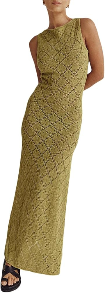Women Hollow Out Crochet Knit Dress Olive Dress Olive Green Dress Khaki Dress Green Maxi Dress Green | Amazon (US)